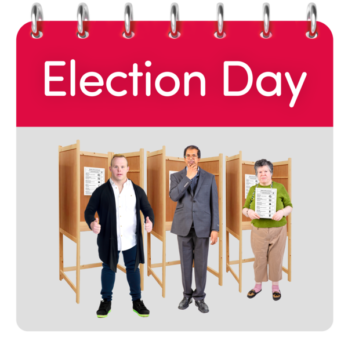Three people at the voting station with the words Election Date