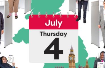 People holding their voting cards with a calendar showing Thursday 4 July