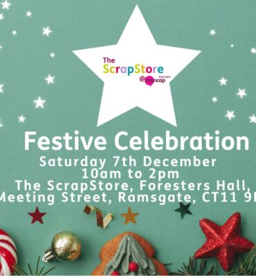 The ScrapStore Festive Celebration poster with white stars and Christmas decorations