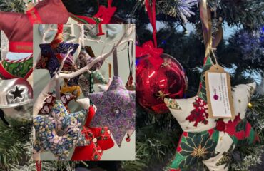 Close up of a Christmas tree with lots of handmade fabric stars